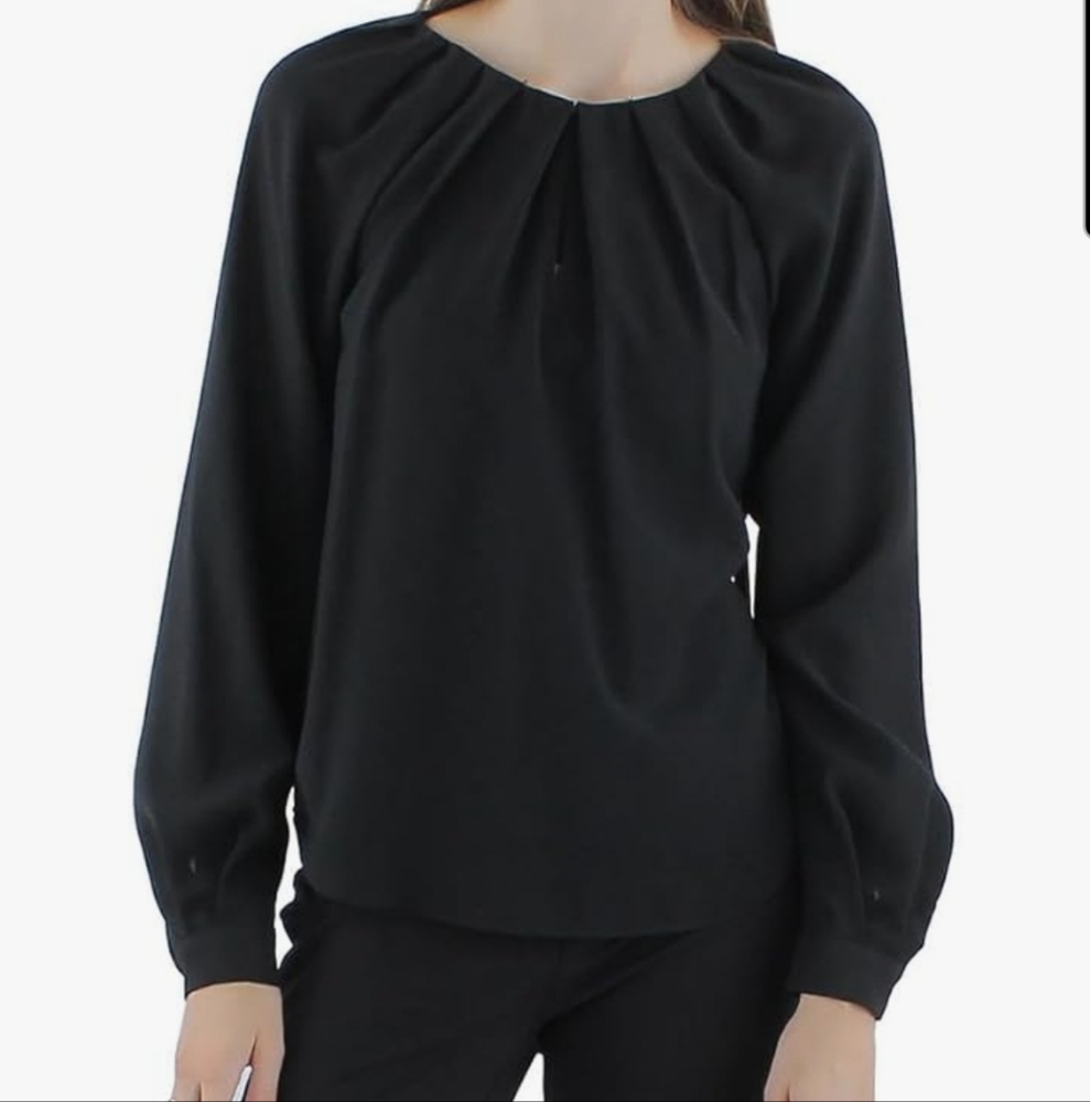 DKNY Womans Pleated Long Sleeve Blouse,Black , Large